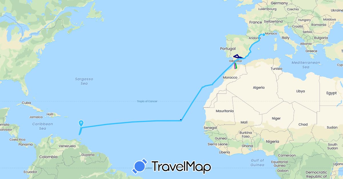 TravelMap itinerary: driving, bus, train, hiking, boat in Cape Verde, Dominica, Spain, France, Grenada, Saint Lucia, Morocco, Saint Vincent and the Grenadines (Africa, Europe, North America)